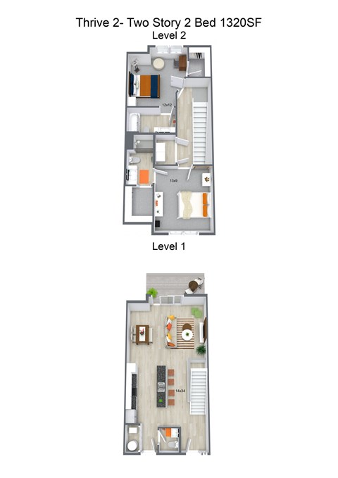 A diagram of a two-story bedroom with labeled rooms.